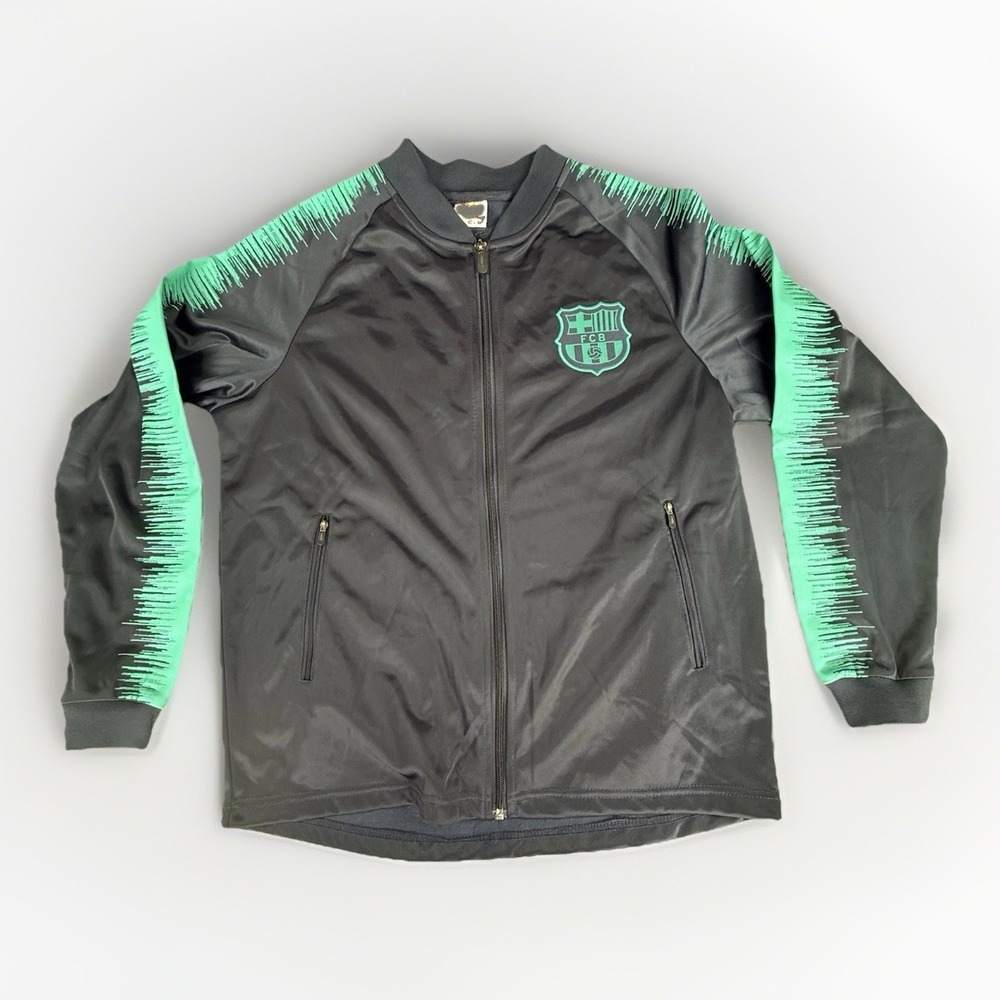 FCB Barcelona Track Jacket Mens Medium Black Teal Full Zip Training Soccer